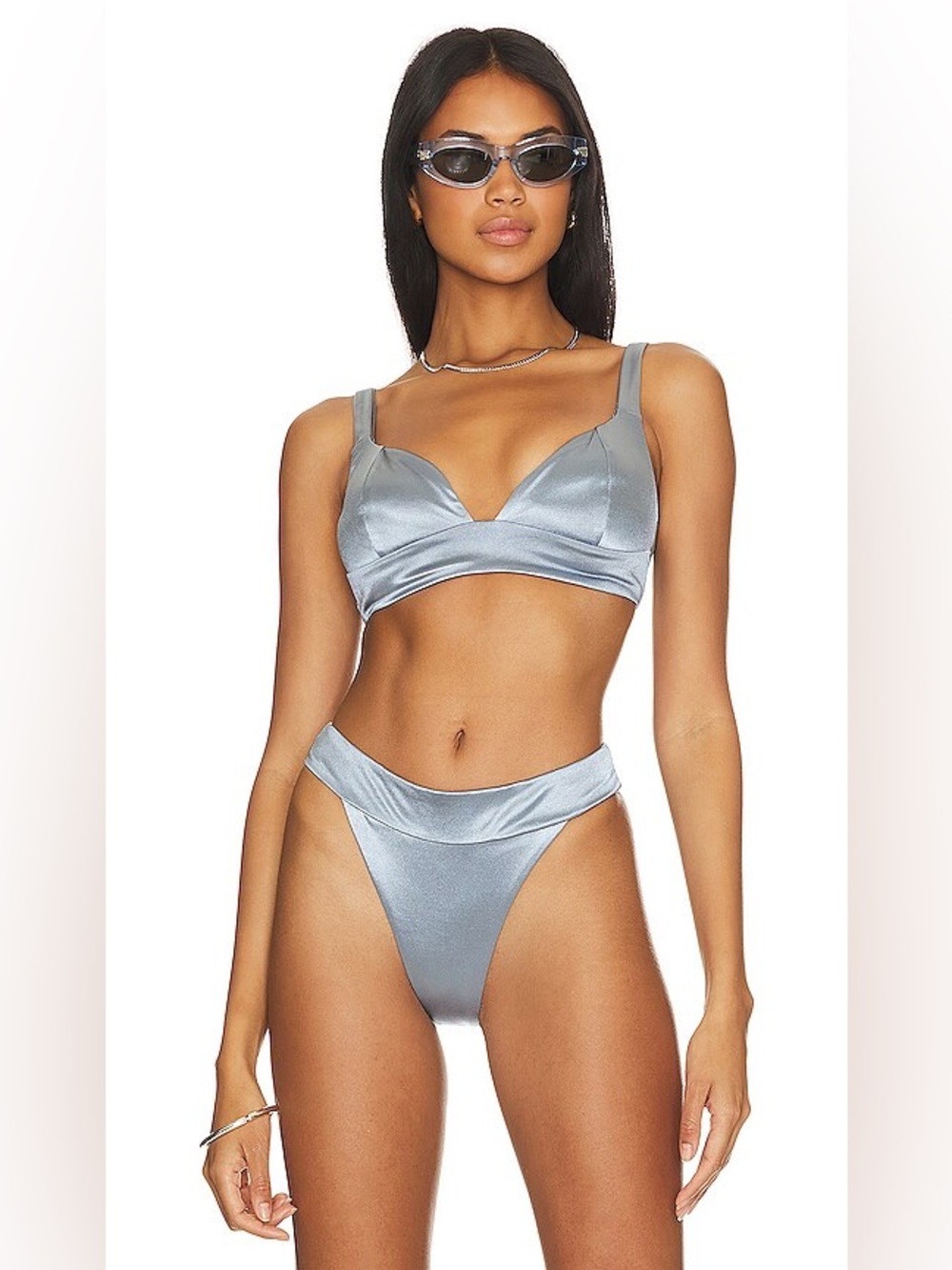 Lovewave Women Metallic Slate Blue Satin Bikini Set Plunge Top High Cut Bottom M